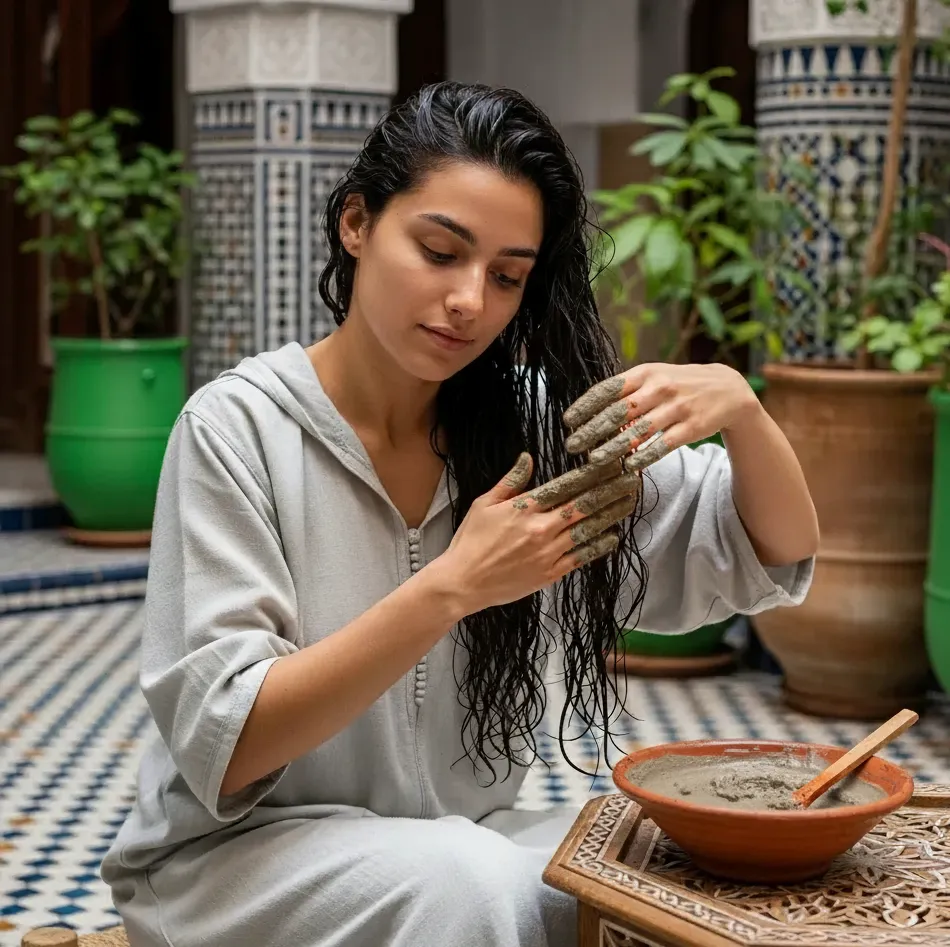 Moroccan Ghassoul Clay Benefits 3 A woman applying Moroccan Rhassoul clay hair mask for deep conditioning