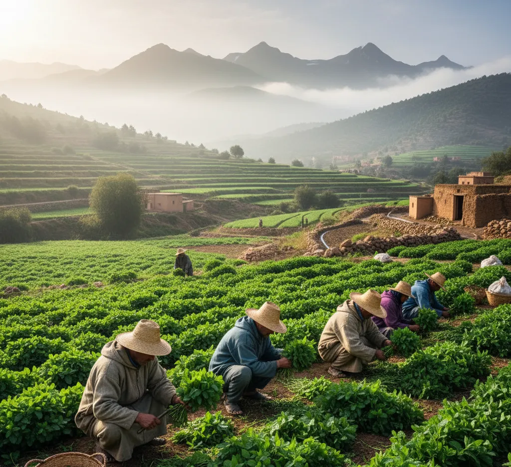 Moroccan Mint Tea (Atay b'nana): A Complete Guide to Morocco’s 19th Century Tradition, Ceremony & Health Benefits 7 Mint cultivation Atlas Mountains Morocco farmers harvesting spearmint fields