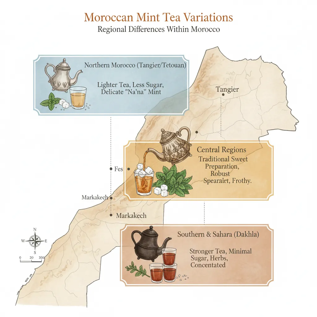 Moroccan Mint Tea (Atay b'nana): A Complete Guide to Morocco’s 19th Century Tradition, Ceremony & Health Benefits 5 Moroccan mint tea variations map Morocco Regions
