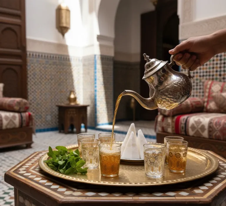 Traditional Moroccan mint tea pouring ceremony in authentic riad setting