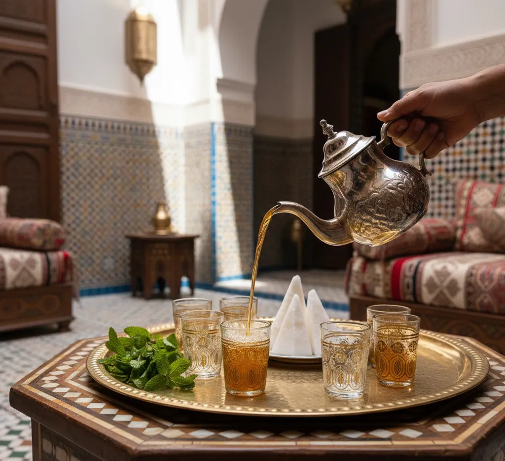 Traditional Moroccan mint tea pouring ceremony in authentic riad setting