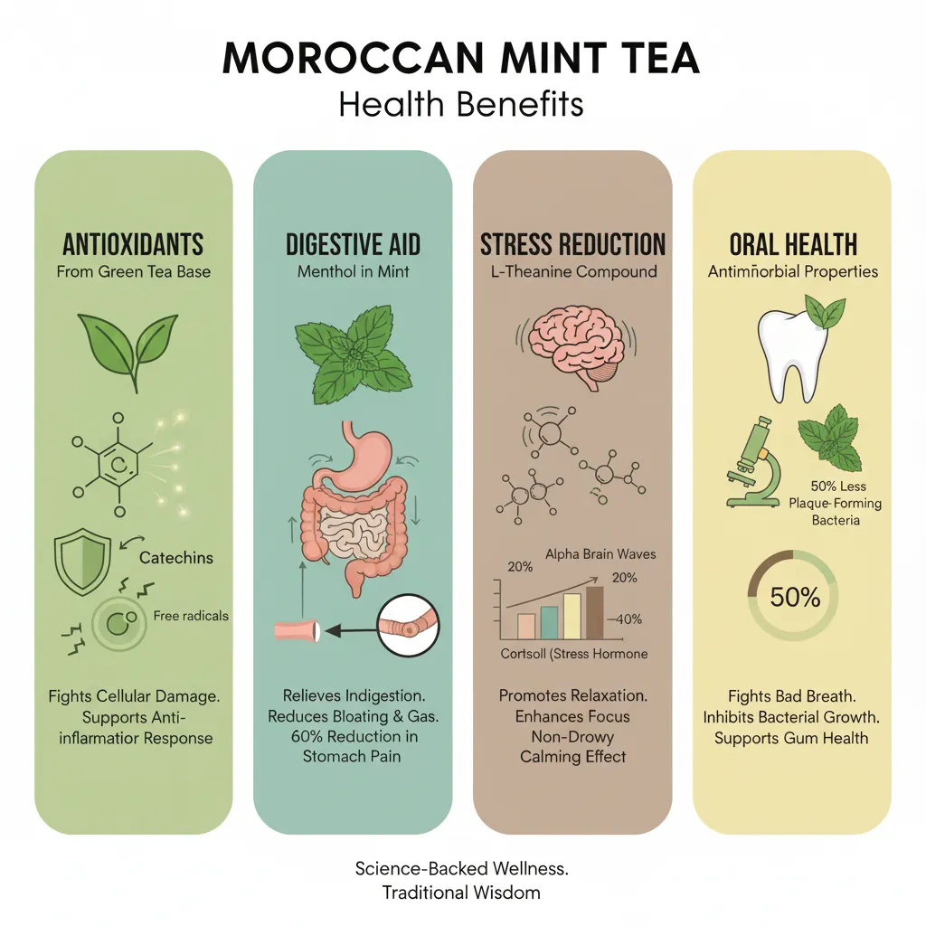 Moroccan Mint Tea (Atay b'nana): A Complete Guide to Morocco’s 19th Century Tradition, Ceremony & Health Benefits 6 Health benefits infographic Moroccan mint tea antioxidants digestion stress relief