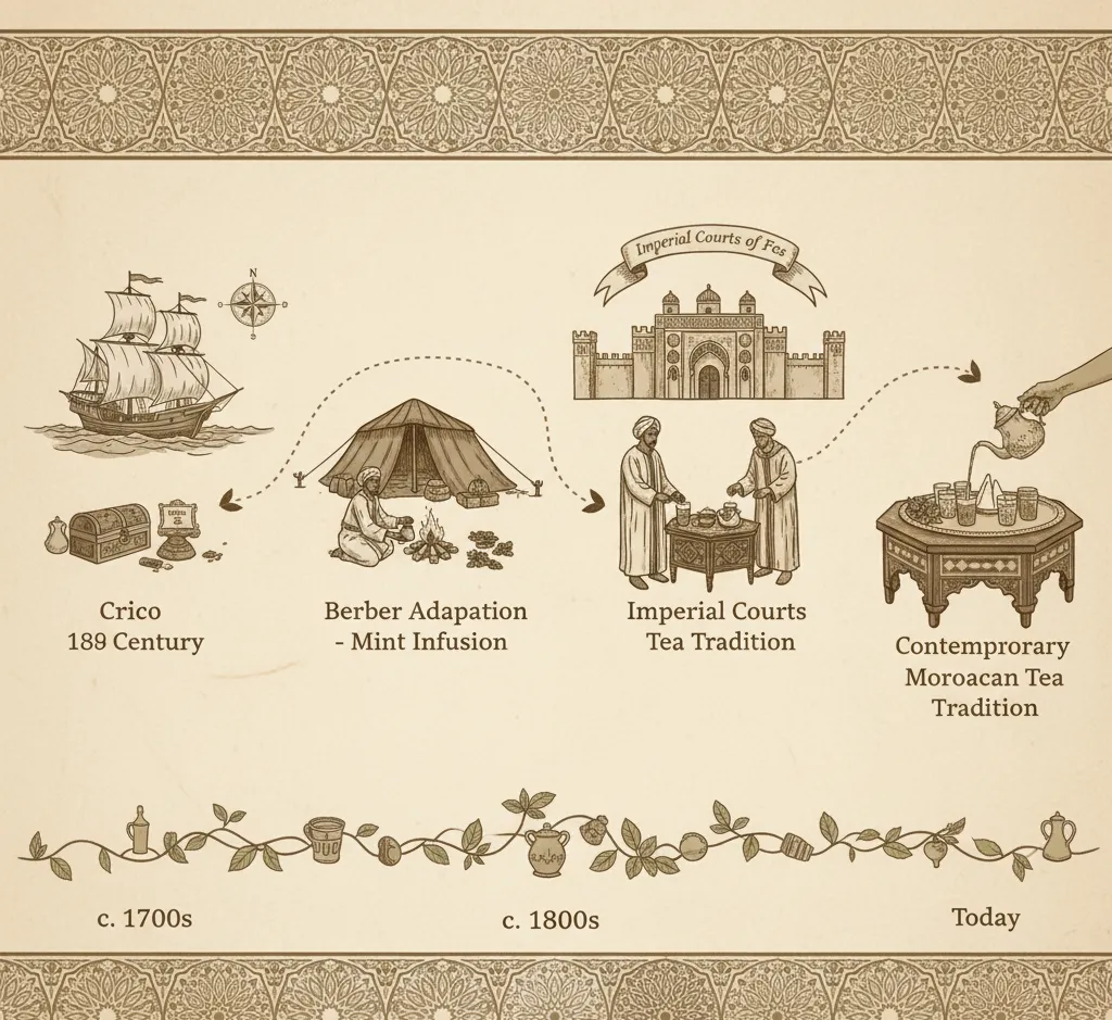 Moroccan Mint Tea (Atay b'nana): A Complete Guide to Morocco’s 19th Century Tradition, Ceremony & Health Benefits 2 moroccan tea history timeline evolution ma