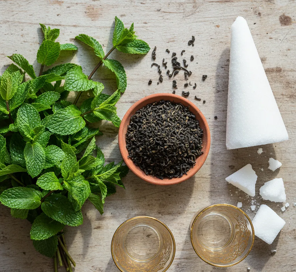 Moroccan Mint Tea (Atay b'nana): A Complete Guide to Morocco’s 19th Century Tradition, Ceremony & Health Benefits 3 Authentic Moroccan mint tea ingredients gunpowder tea fresh mint sugar cones