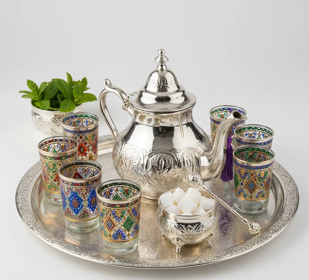 Moroccan Mint Tea (Atay b'nana): A Complete Guide to Morocco’s 19th Century Tradition, Ceremony & Health Benefits 9 Traditional Moroccan tea set silver teapot berrad engraved glasses tools