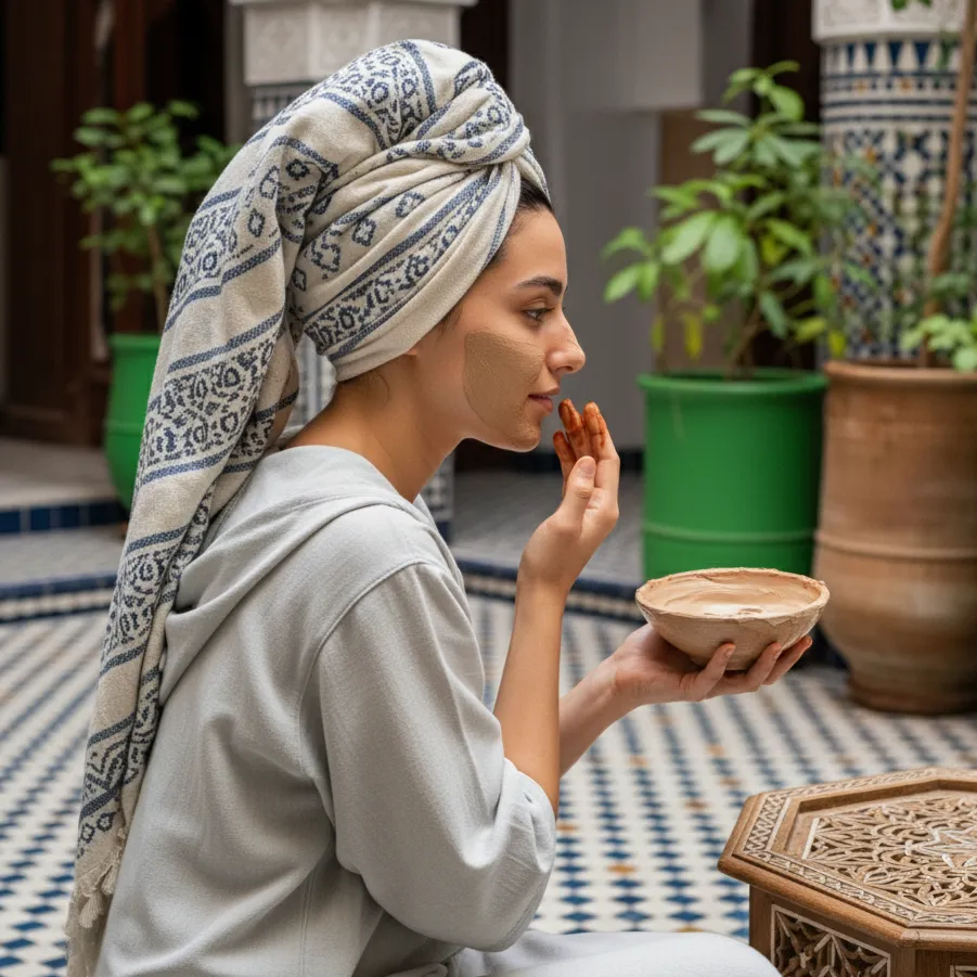 Moroccan Ghassoul Clay Benefits 2 A woman applying a Moroccan Rhassoul clay face mask for glowing skin